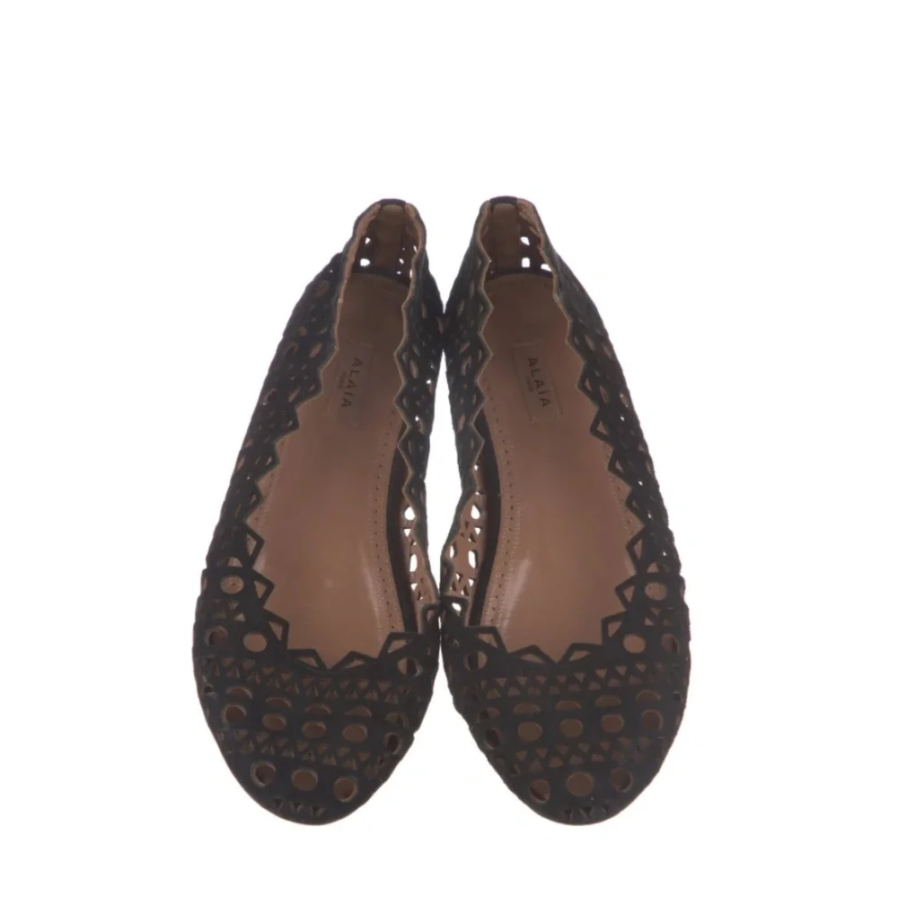 ALAIA SUEDE LEATHER BLACK LASERCUT ACCENT BALLET FLATS SHOES 37.5 7.5